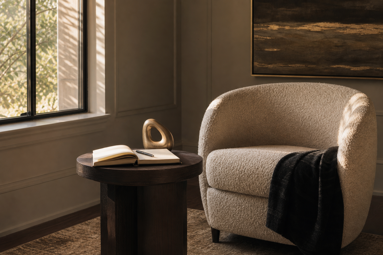 Warm reading corner with an open journal beside a window