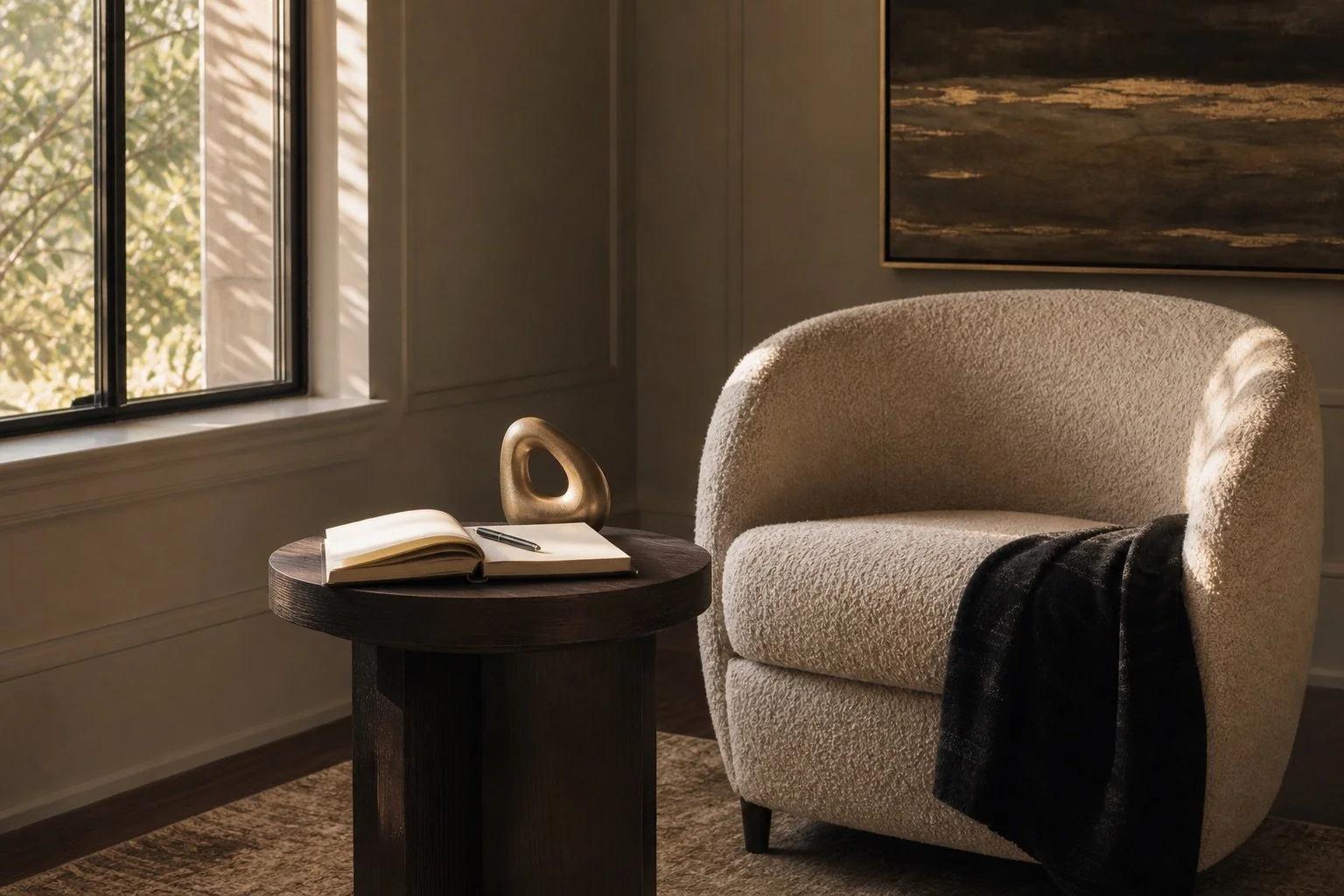 Warm reading corner with an open journal beside a window