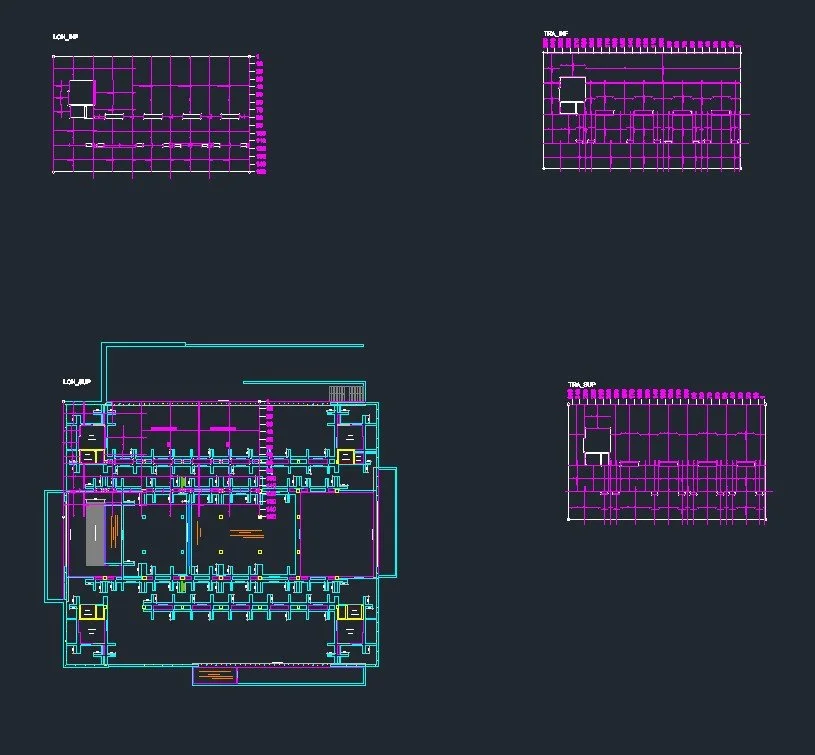 Planos arquitectónicos en diseño CAD con diferentes vistas y detalles estructurales, en fondo oscuro con líneas en colores como cian, magenta y amarillo.