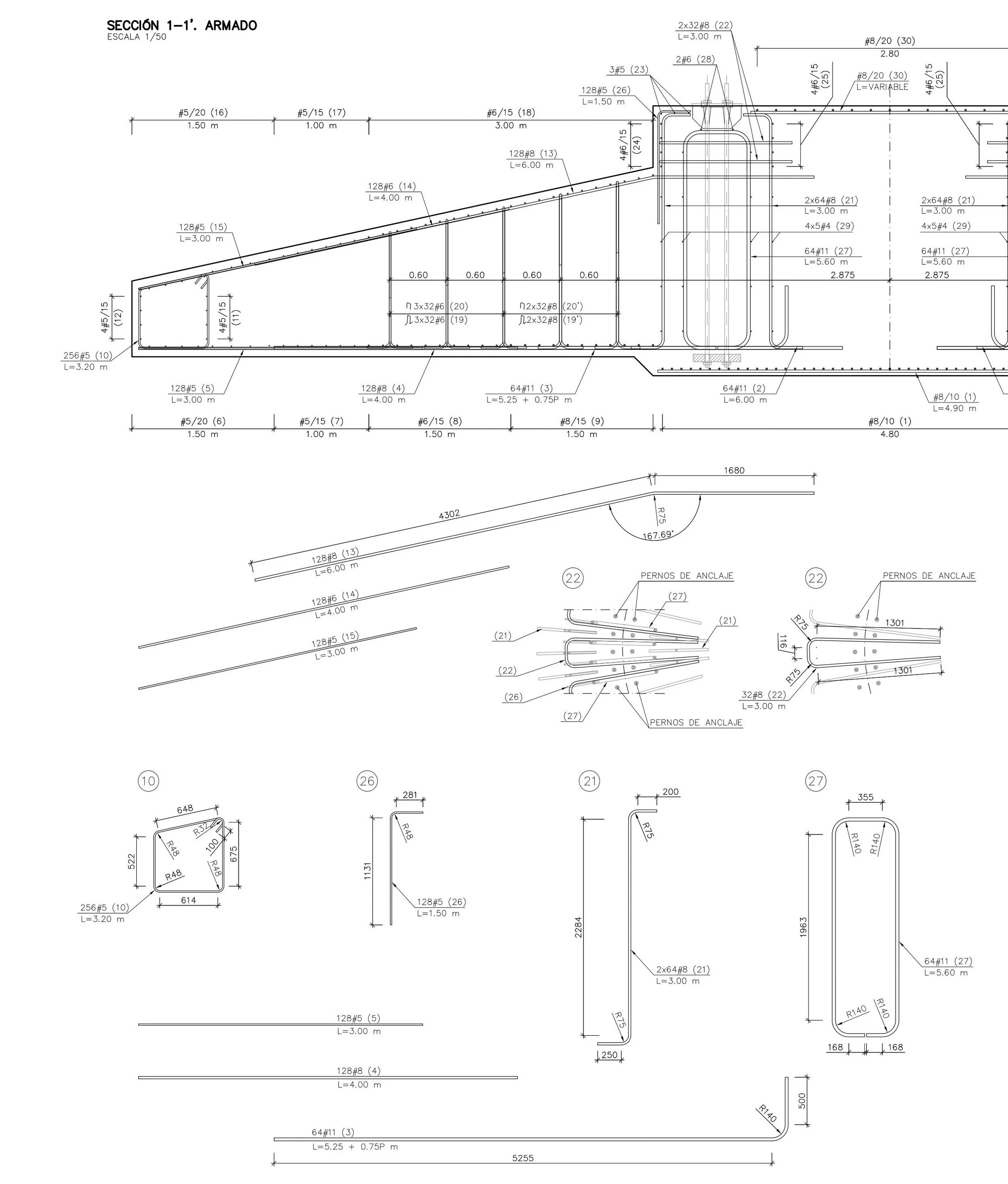 Plano técnico de una estructura de armadura con detalles de dimensiones, perfiles, y conexiones, incluyendo vista lateral y detalles de anclaje.