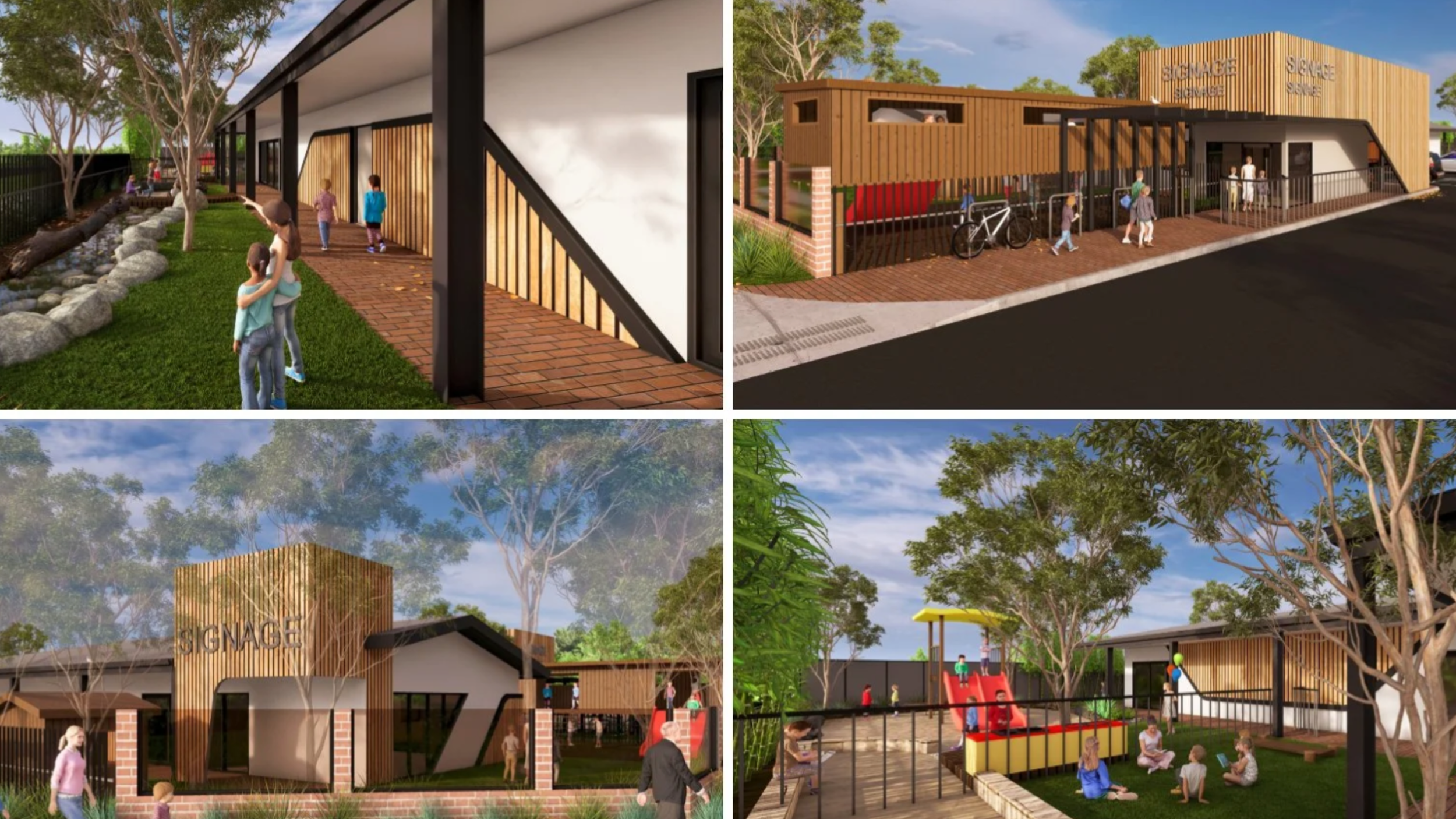 Design renderings of a community outdoor space with playground, signage, seating, and walking areas, featuring trees and landscaping.