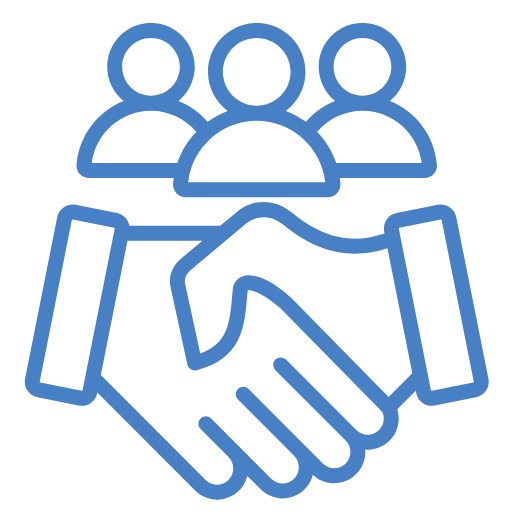Icon of a handshake with a group of people above it, representing partnership or teamwork.