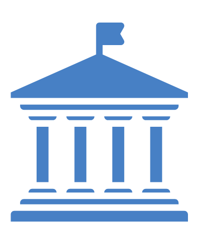 Icon of a government or institutional building with a flag on top and four columns.