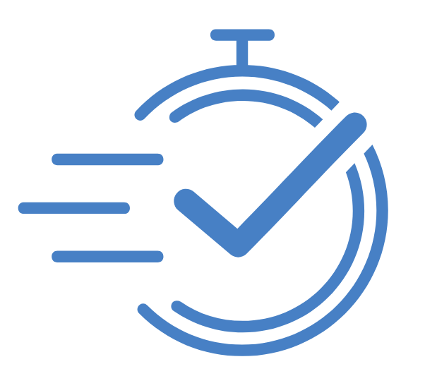 Blue icon of a stopwatch with a checkmark inside, and lines indicating motion or speed.