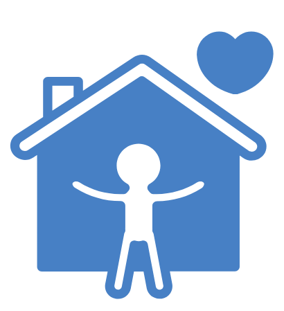 Silhouette of a person with arms outstretched inside a house outline, with a blue heart above.