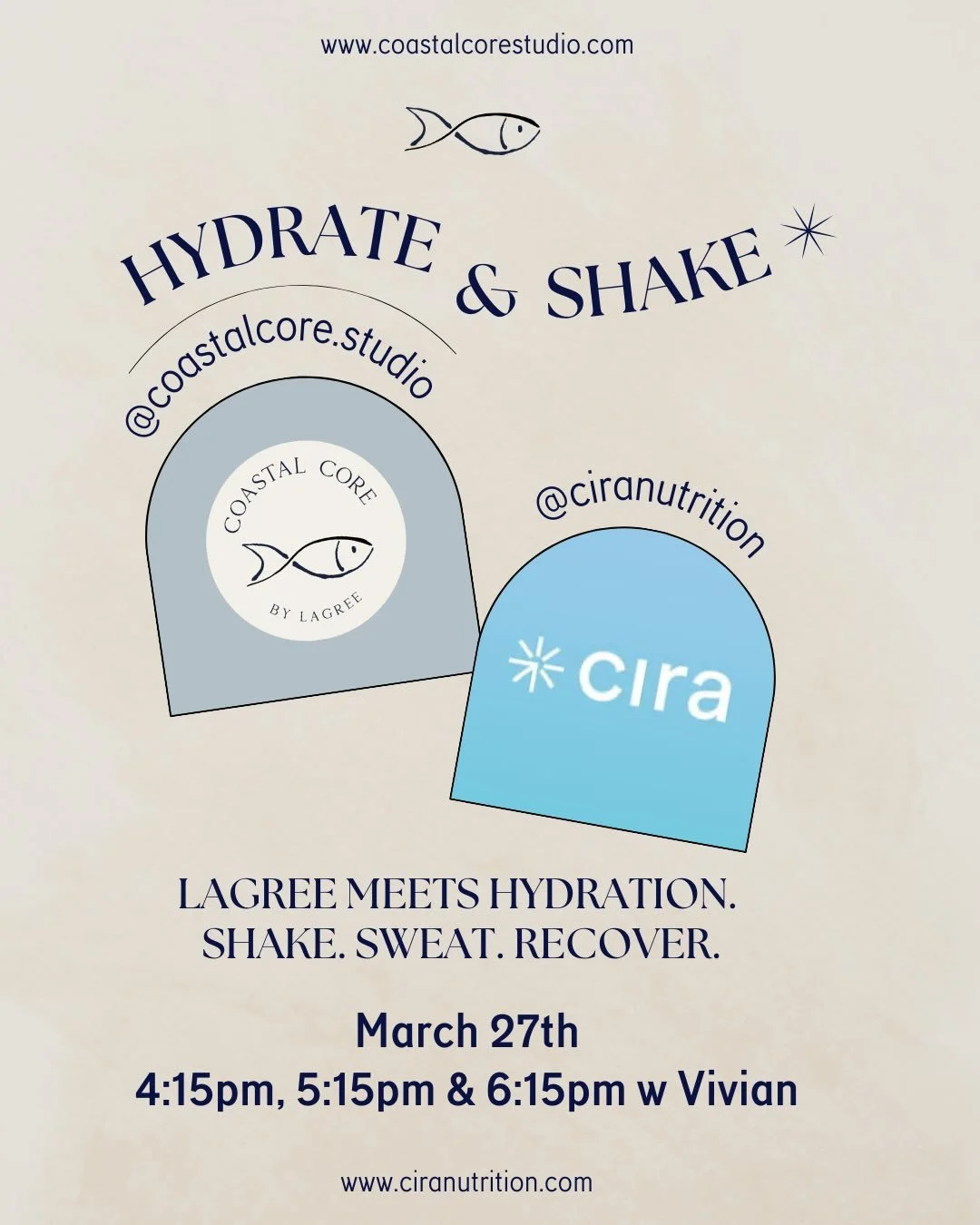 Lagree + hydration.
The perfect post-shake recovery combo.

Join us Friday, March 27 for our Cira Hydration Class Series at Coastal Core.

Guests in Vivians 4:15, 5:15 &amp; 6:15 classes will receive the new Cira Hydration packets to take home and ke