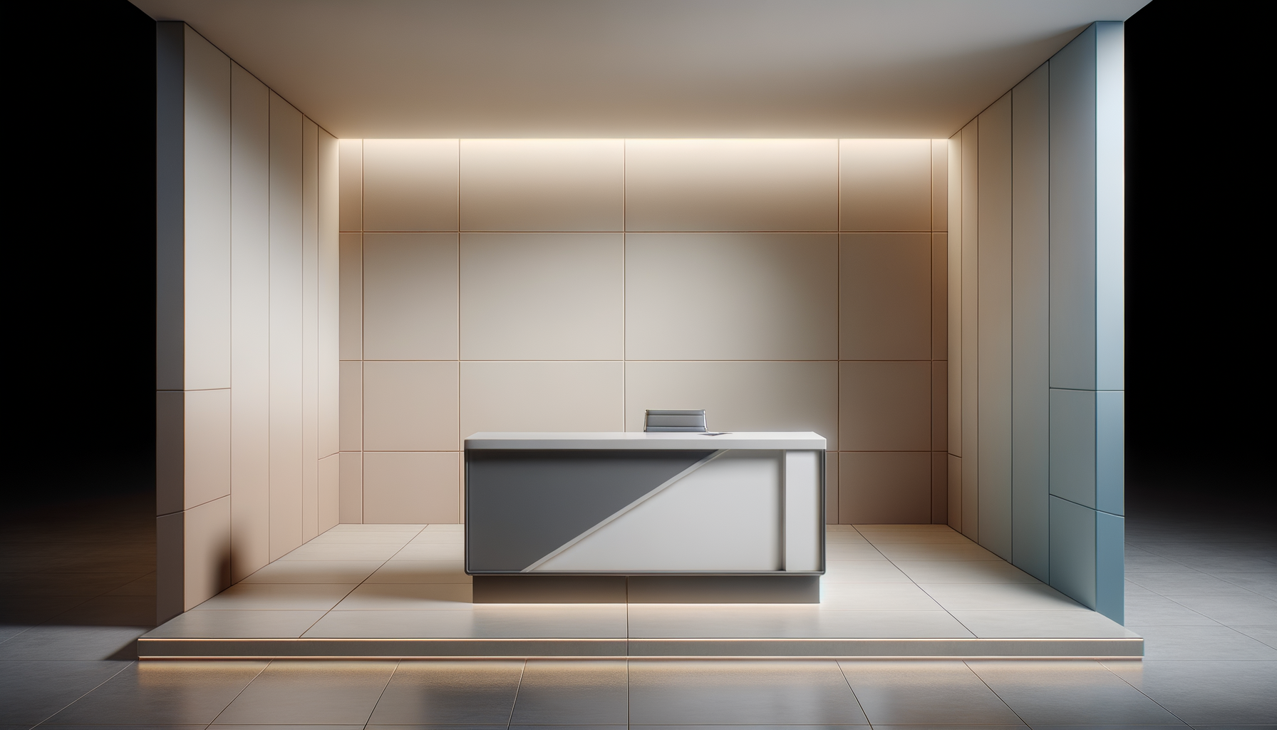 Modern minimalist reception desk in a sleek, well-lit room with beige and gray walls.