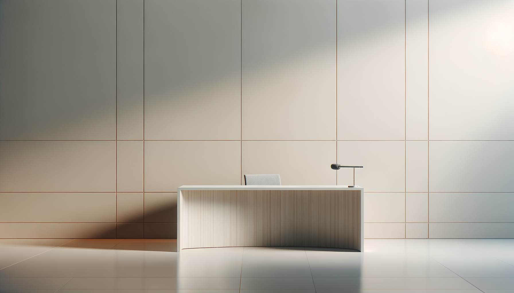 A minimalist reception desk with a chair and a desk lamp in a modern, neutral-toned office setting.