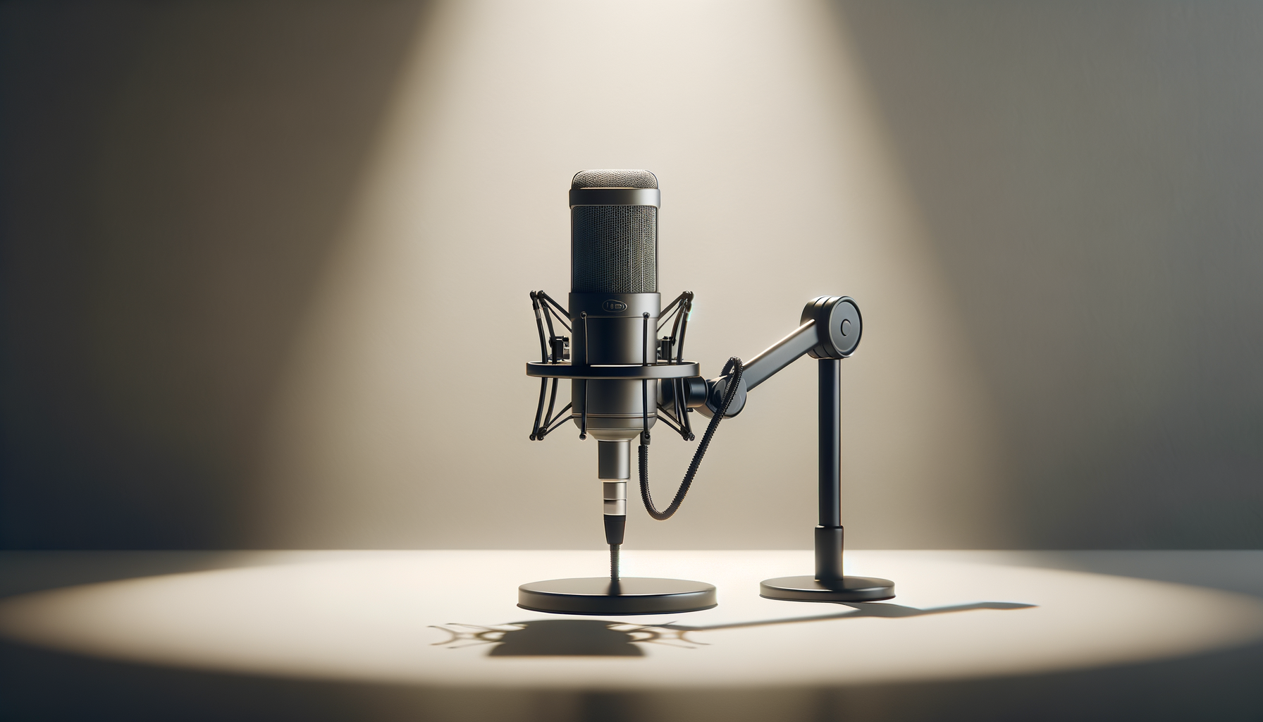 A professional studio microphone on a black stand with a beige background.
