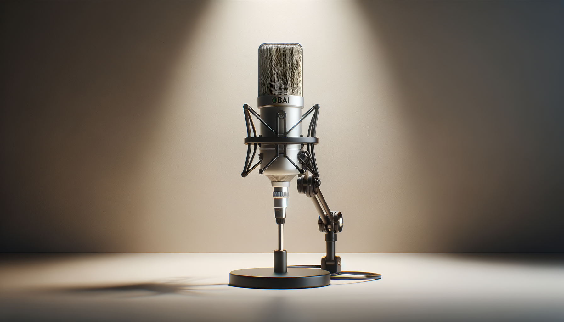 Studio microphone on stand with shock mount, illuminated by soft overhead lights, on a neutral background.