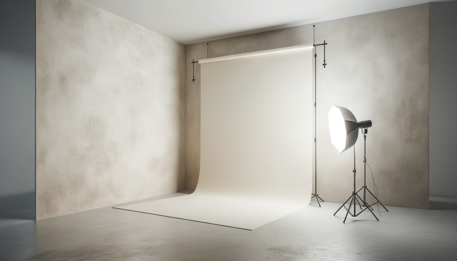 Photography studio with a white backdrop, studio light with a softbox, and textured beige walls.
