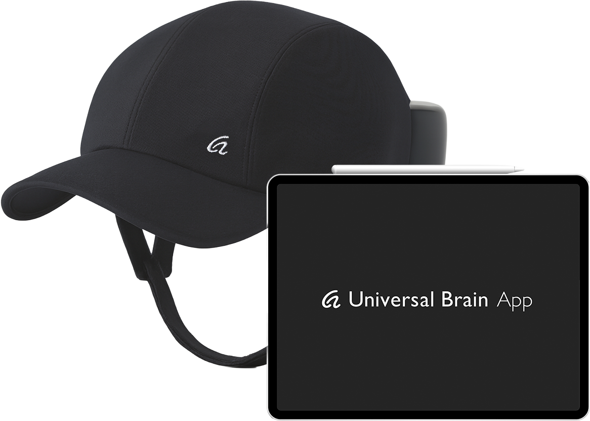 Black cap with a small white logo, a tablet displaying 'Universal Brain App' on the screen, and a stylus pen placed on top of the tablet.