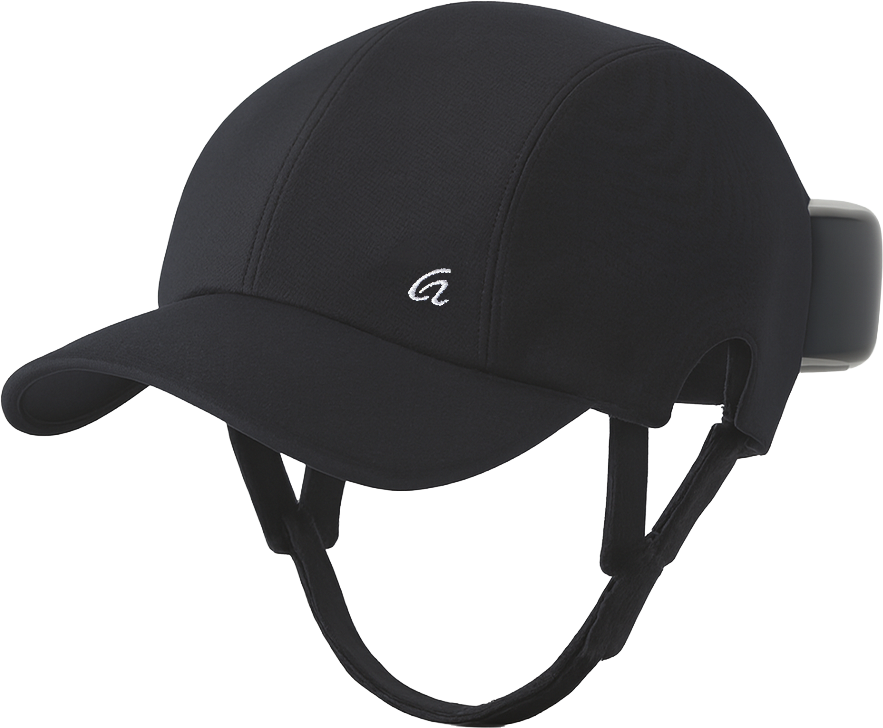 Black sports helmet with a curved brim and adjustable strap.