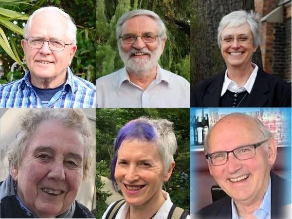 Six older adults, three men and three women, smiling outdoors in various garden or city settings.