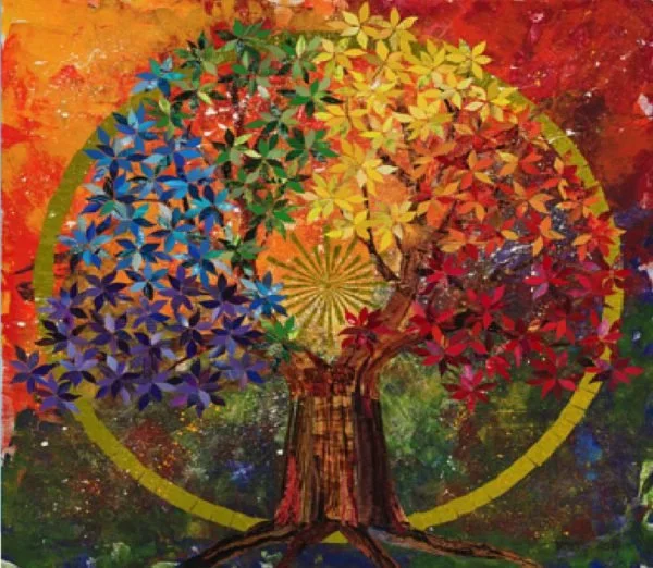 Colorful painting of a tree with leaves arranged in a rainbow pattern, inside a circular frame.