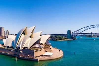 Opera House, with Sydney Harbour Bridge in the background.