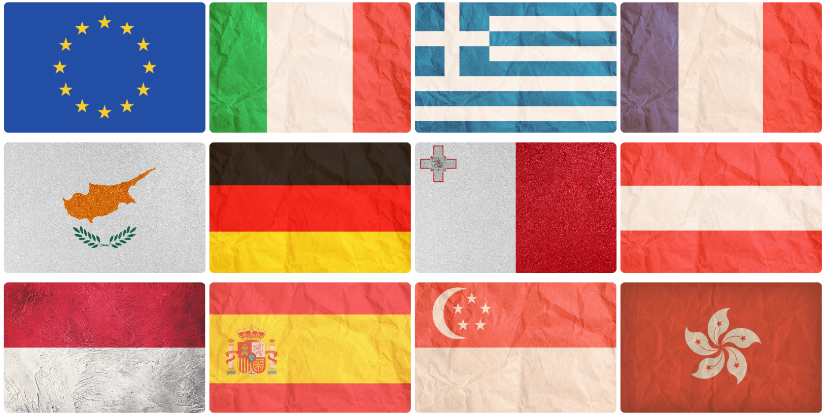 Collage of nine wrinkled paper flags of European countries, including the European Union, Italy, Greece, Austria, Cyprus, Malta, Germany, Spain, and Hong Kong.– Olympus Migration | Andreas Athanasiou | Australian Visas