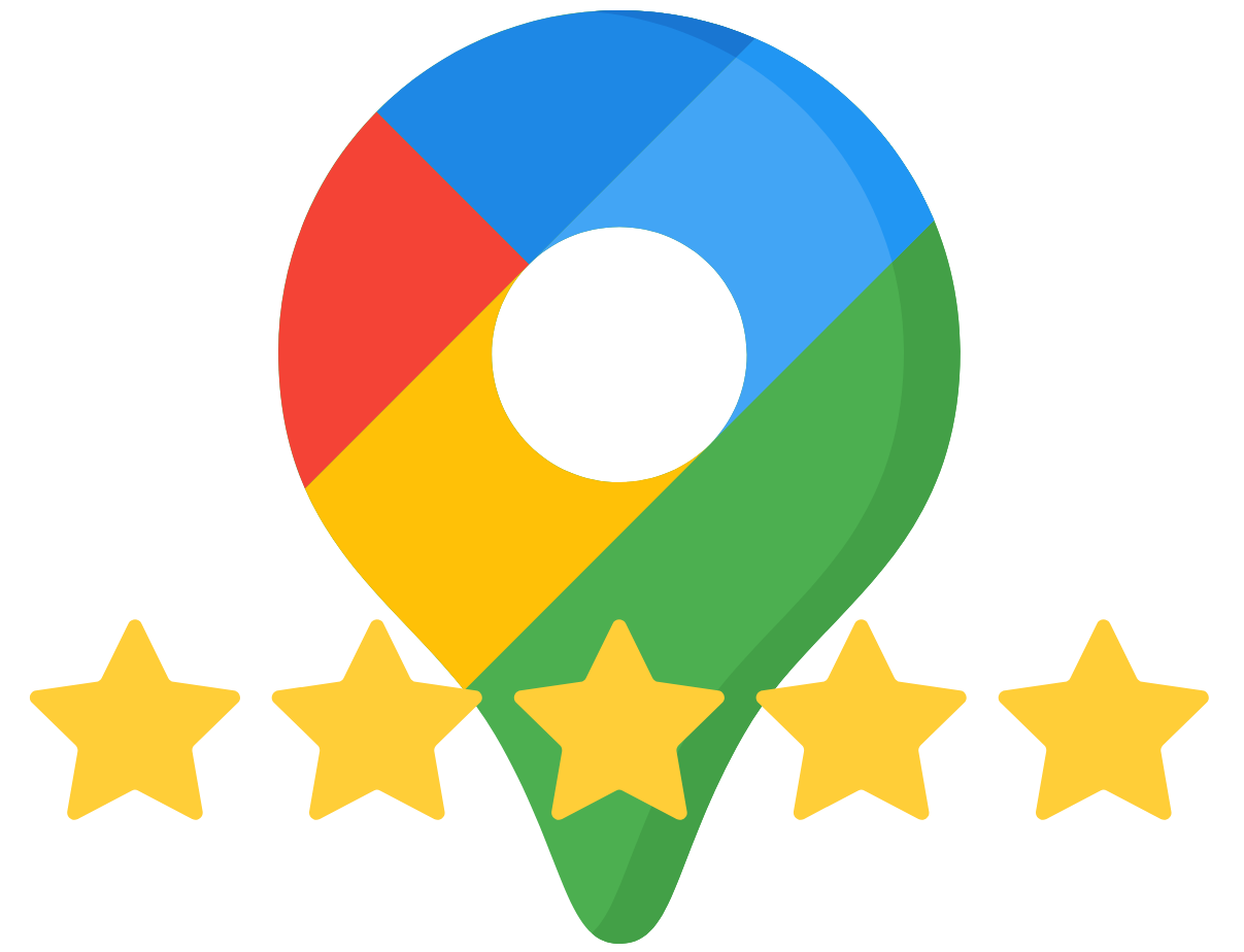 A colorful map pin icon with the Google logo colors in red, yellow, green, and blue, surrounded by five yellow stars.– Olympus Migration | Andreas Athanasiou