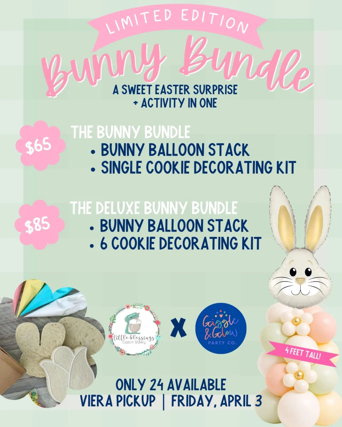 The cutest Easter surprise + activity in one is here!
We teamed up with @littleblessingsbakery to create something extra special this year &mdash; The Bunny Bundle!

Think:
🐰 A 4ft pastel bunny balloon stack
🍪 A sweet, hands-on cookie decorating ac