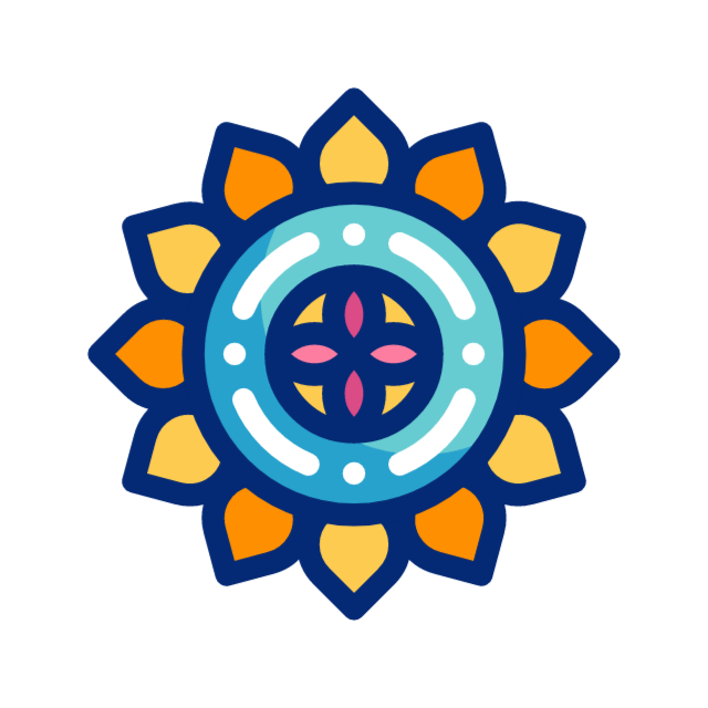 Colorful mandala design with a central pink and purple floral pattern, surrounded by blue and orange petal shapes.