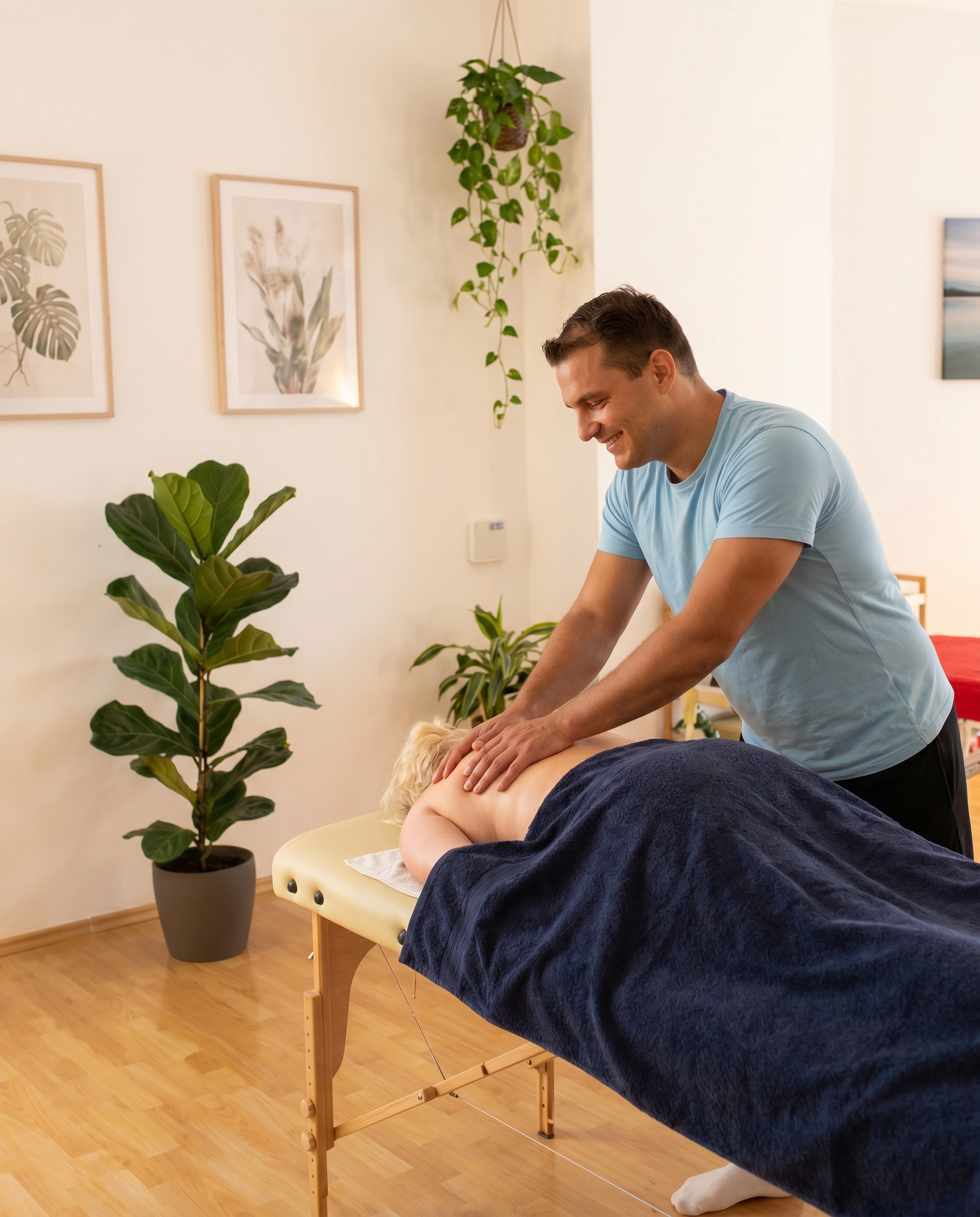 Mann massiert seine Frau auf einer Massageliege in einem Massagestudio, er hat seine Hände auf ihrem Rücken und lächelt