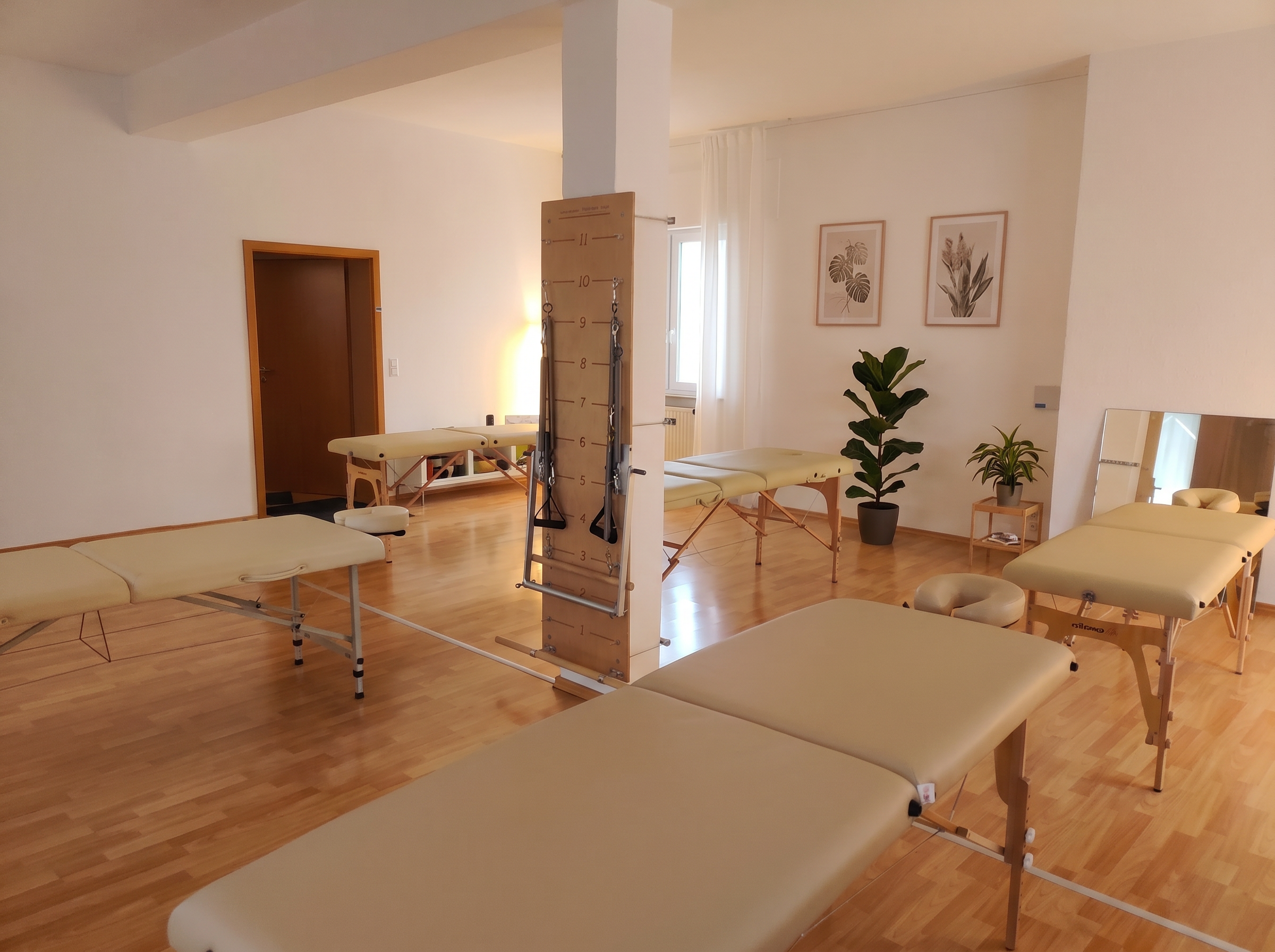 Ruhiger Behandlungsraum mit mehreren Behandlungsliegen, Pflanzen und Bildern an der Wand.