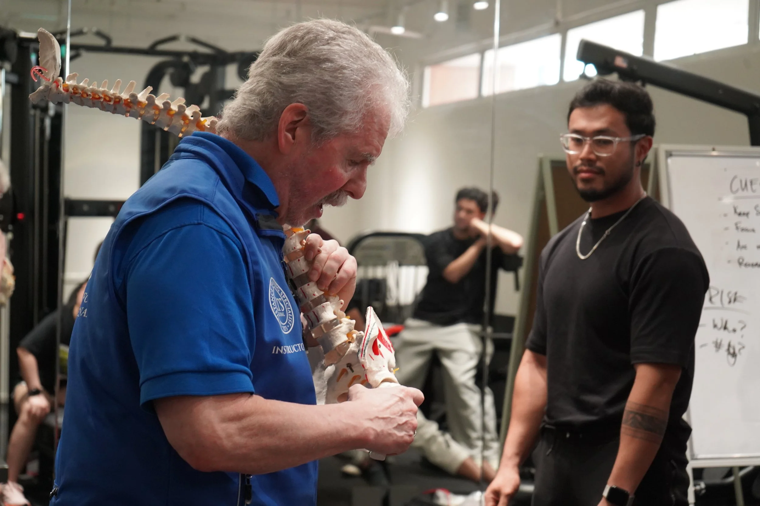 Dr Mark Slavin using a skeleton to demostrate the hip and lumbar spine anatomy during and RTS Level 1 workshop in Kuala Lumpur, Malaysia