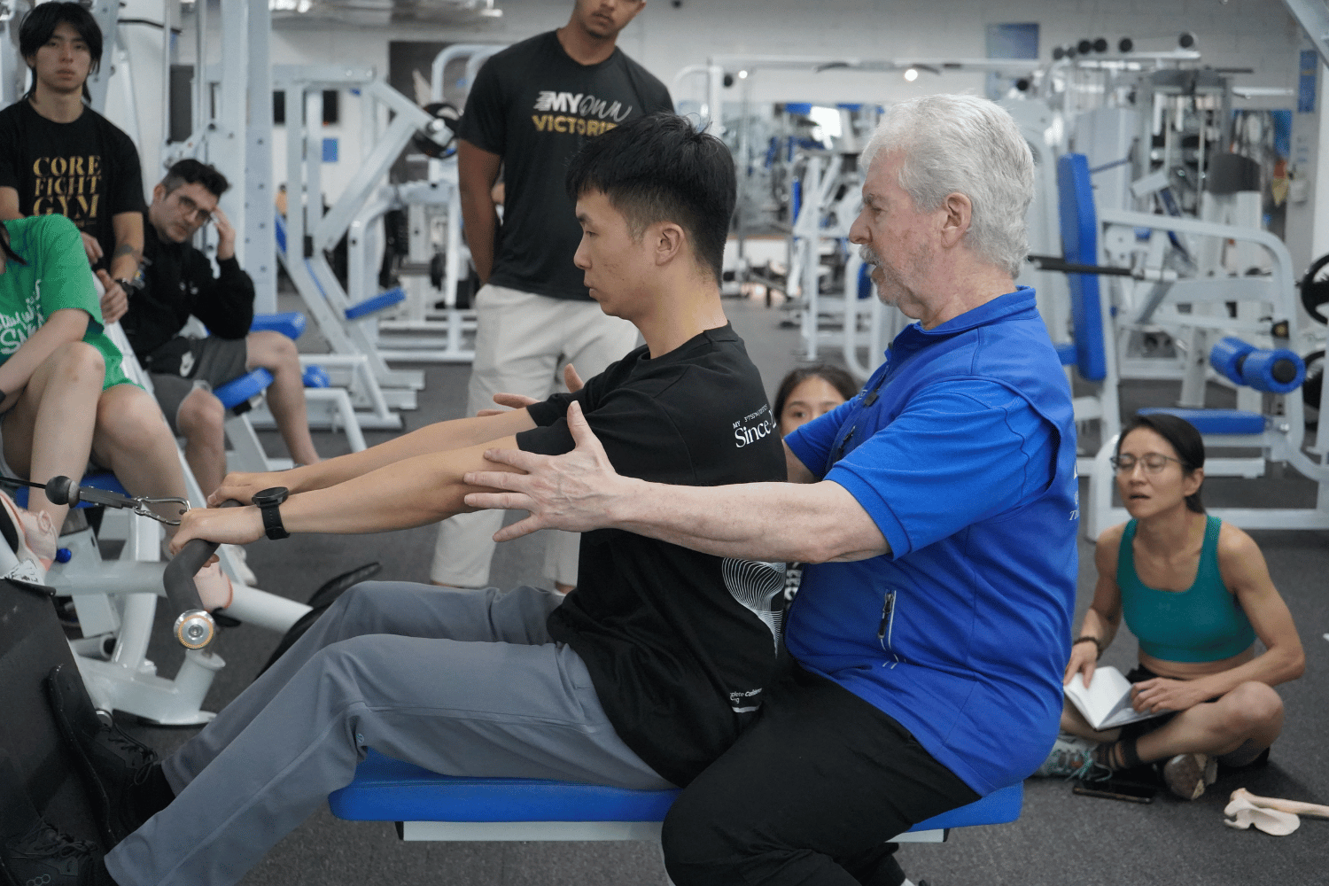 Dr Mark Slavin of RTS demonstrates range of movement on an upper body exercise