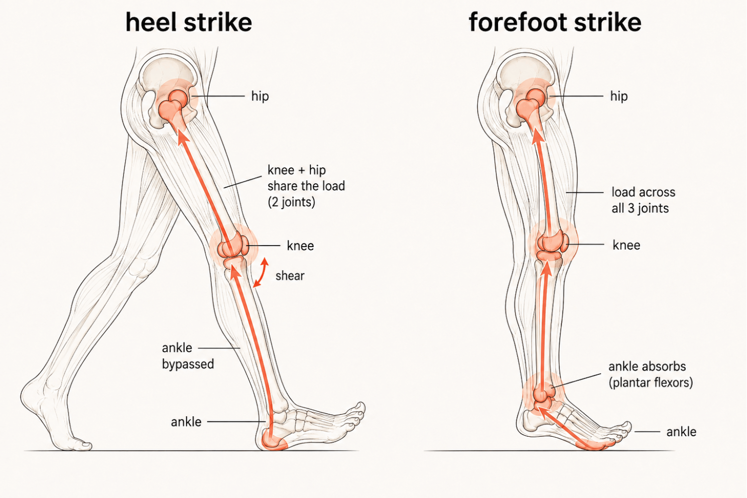 A diagram showing the different forces moving through the hip-knee-ankle chain during heel and forefront strikes.