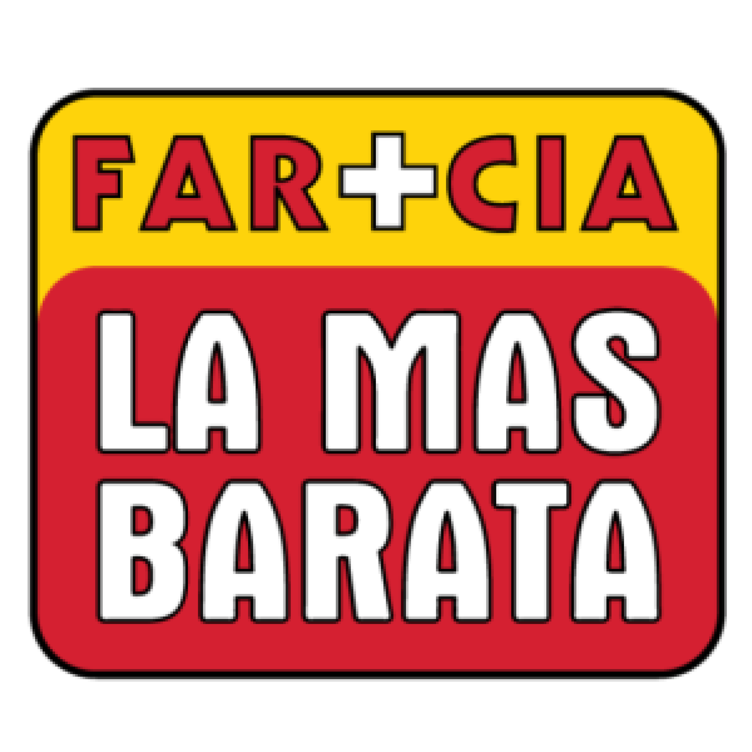 Logo with yellow and red sections featuring text 'FAR+CIA' and 'LA MÁS BARATA'.