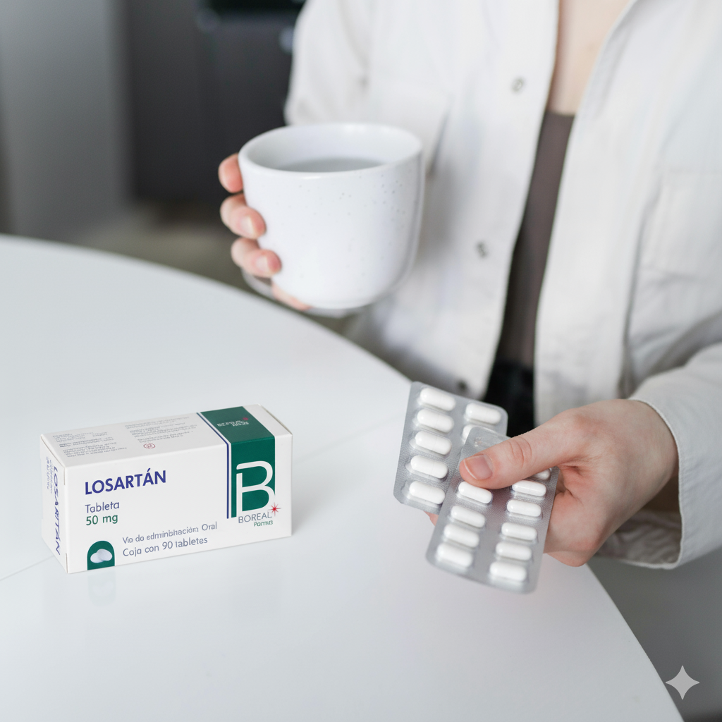 A person holding a white cup of water and a blister pack of white tablets sitting on a white table, with a box of Losartan medication nearby.