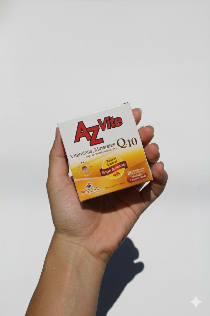 Hand holding a box of AZ-Vite Q-10 dietary supplement against a plain white background.
