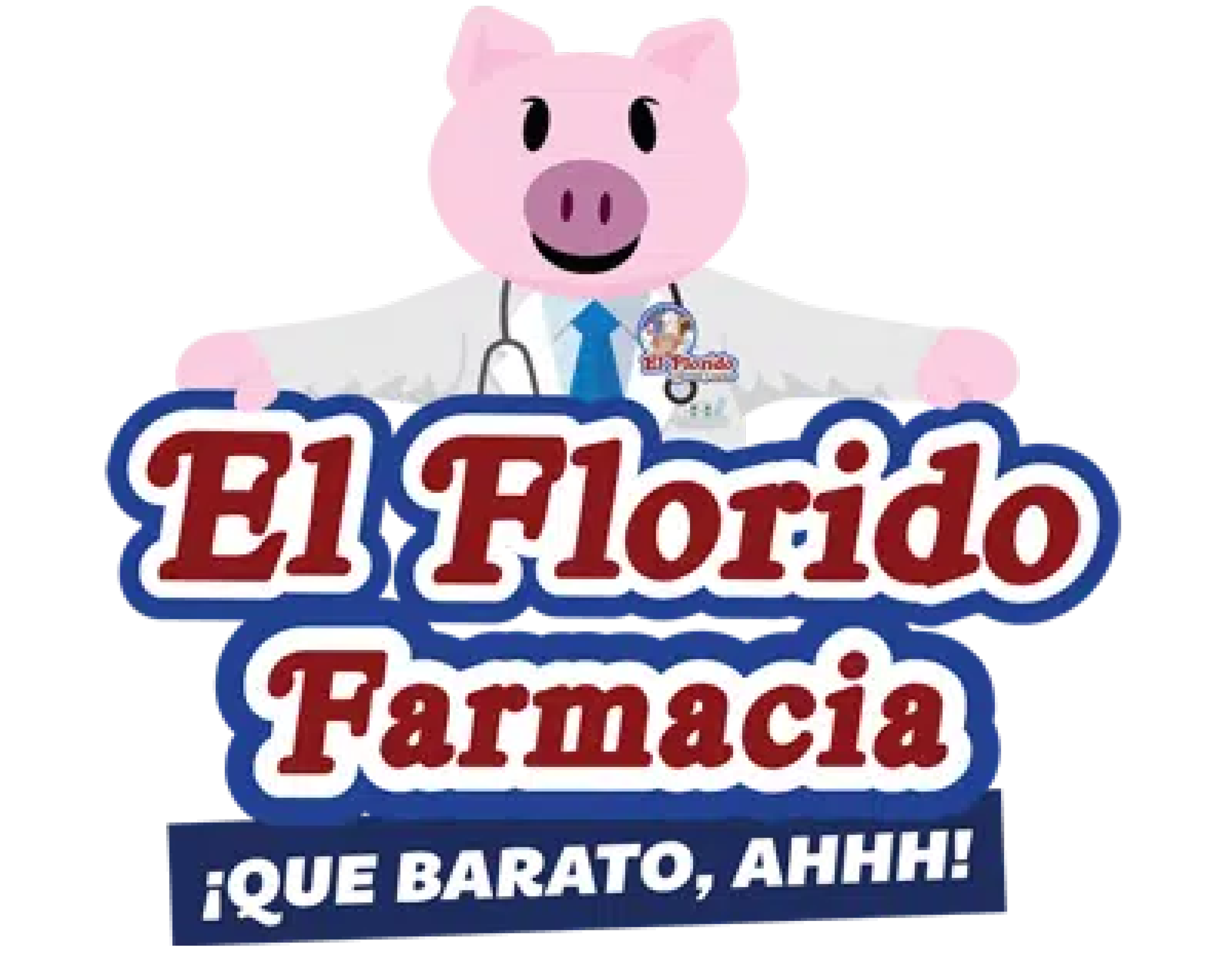 Illustration of a pig dressed as a doctor with a stethoscope, holding a sign that reads 'El Flido Farmacia,' and a slogan at the bottom saying '¡Que barato, Ahhh!'