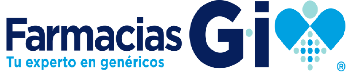 Logo of Farmacias Gii featuring a stylized blue heart with pills and capsules forming the heart shape.