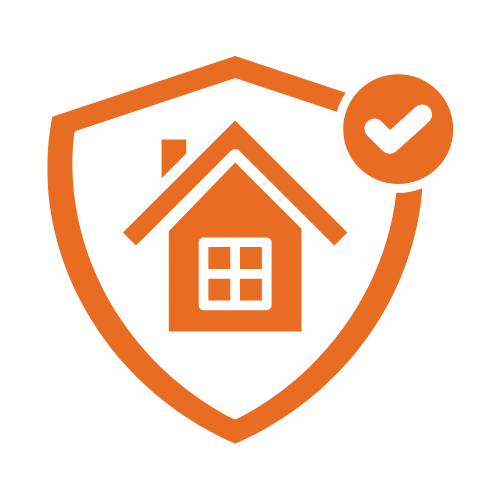 Icon of a house inside a shield with a checkmark above, representing home safety or insurance.