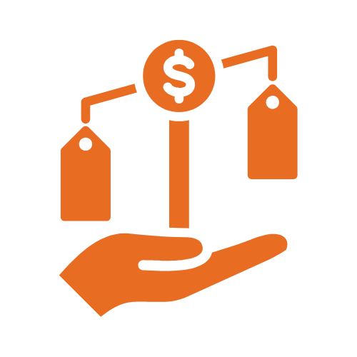 A hand holding a scale with two tags hanging from either side, and a dollar sign at the top, representing financial weighing or value comparison.