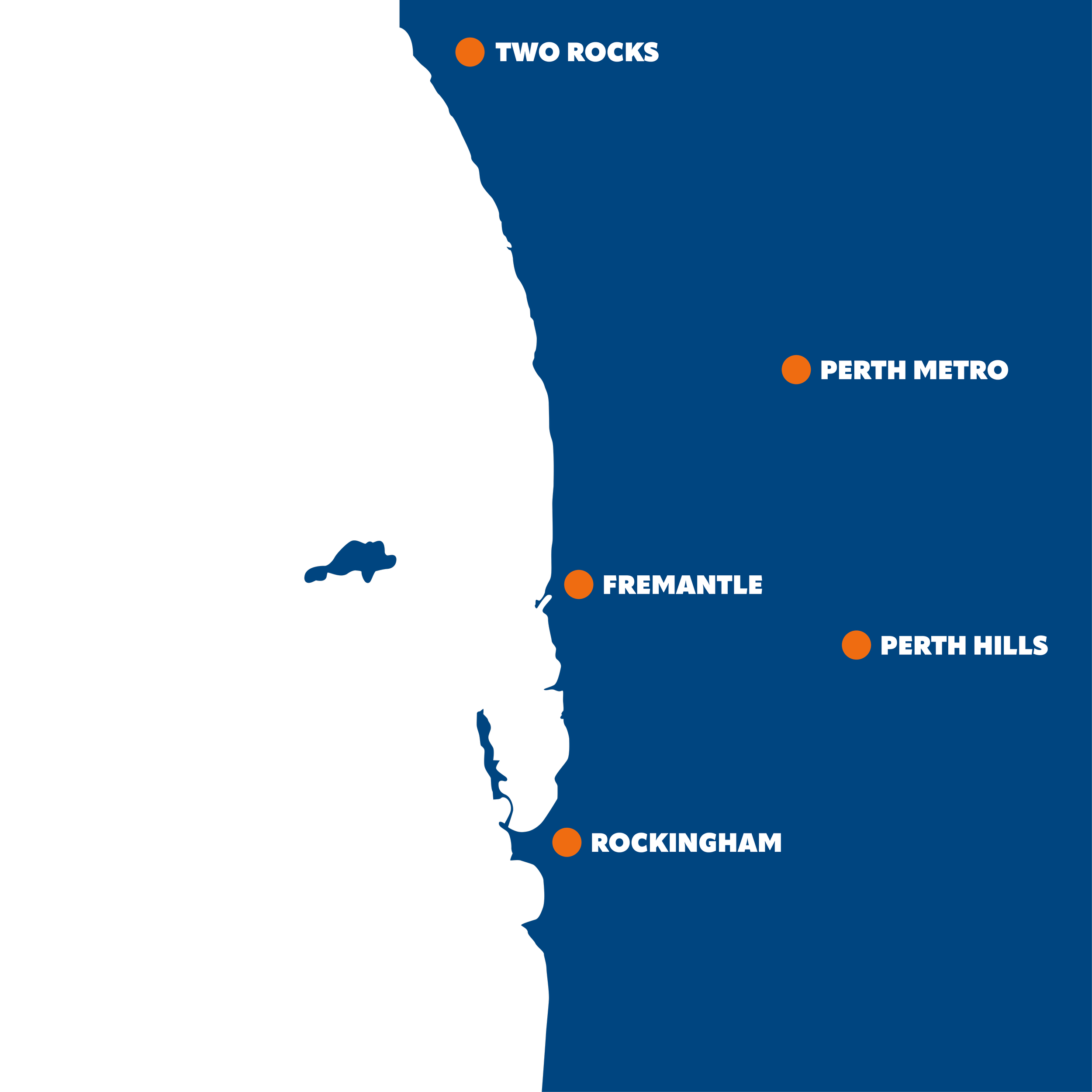 Map of Perth, Australia highlighting Rockingham, Fremantle, Perth Hills, Perth Metro, and Two Rocks districts with labels.