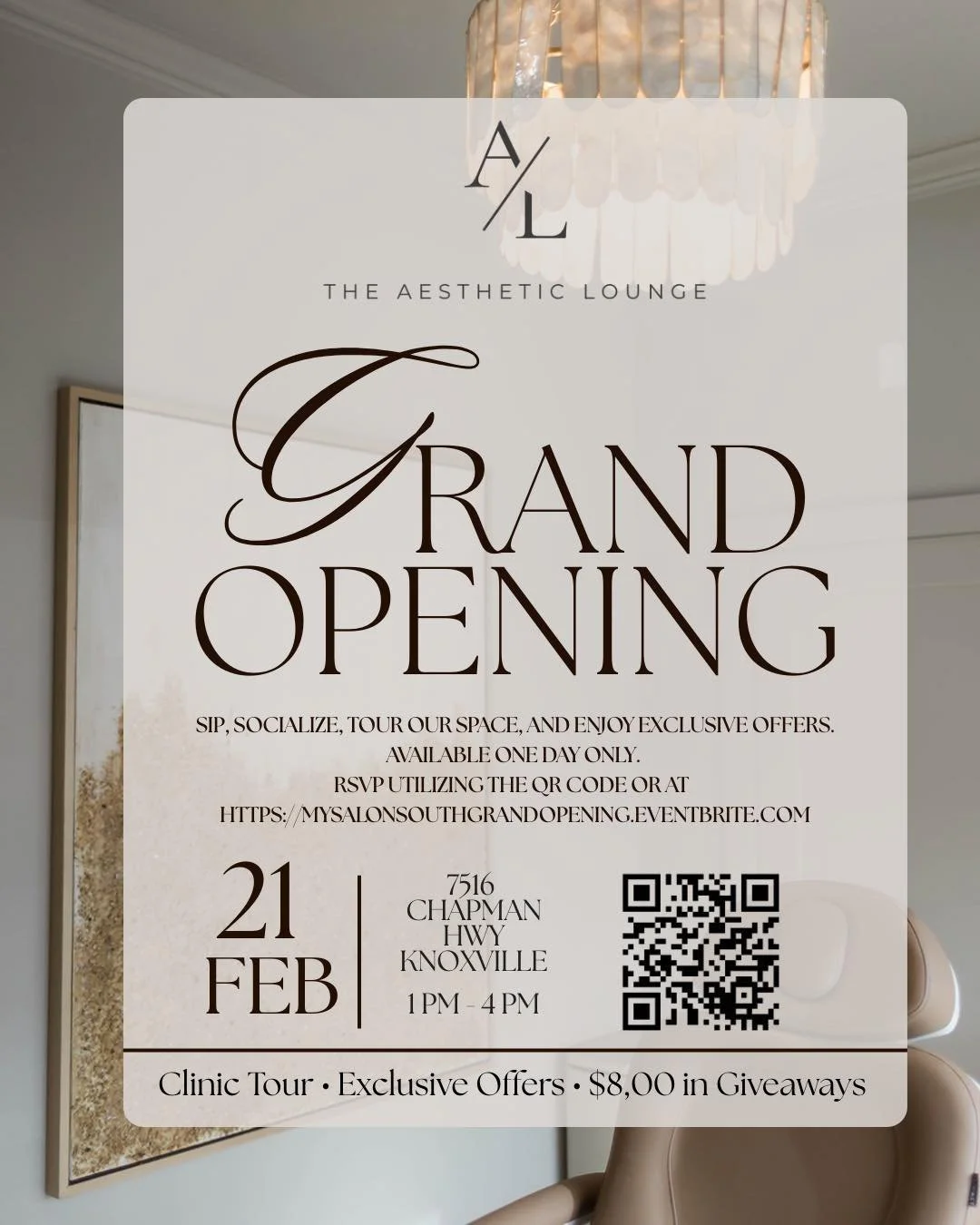 ✨ GRAND OPENING | The Aesthetic Lounge ✨

We&rsquo;re celebrating our Grand Opening in a BIG way &mdash; with over $8,000 in luxury giveaways AND exclusive one-day-only promotions.

🎉 GIVEAWAYS INCLUDE:
&bull; BBL HEROic Treatment (face, neck + ches