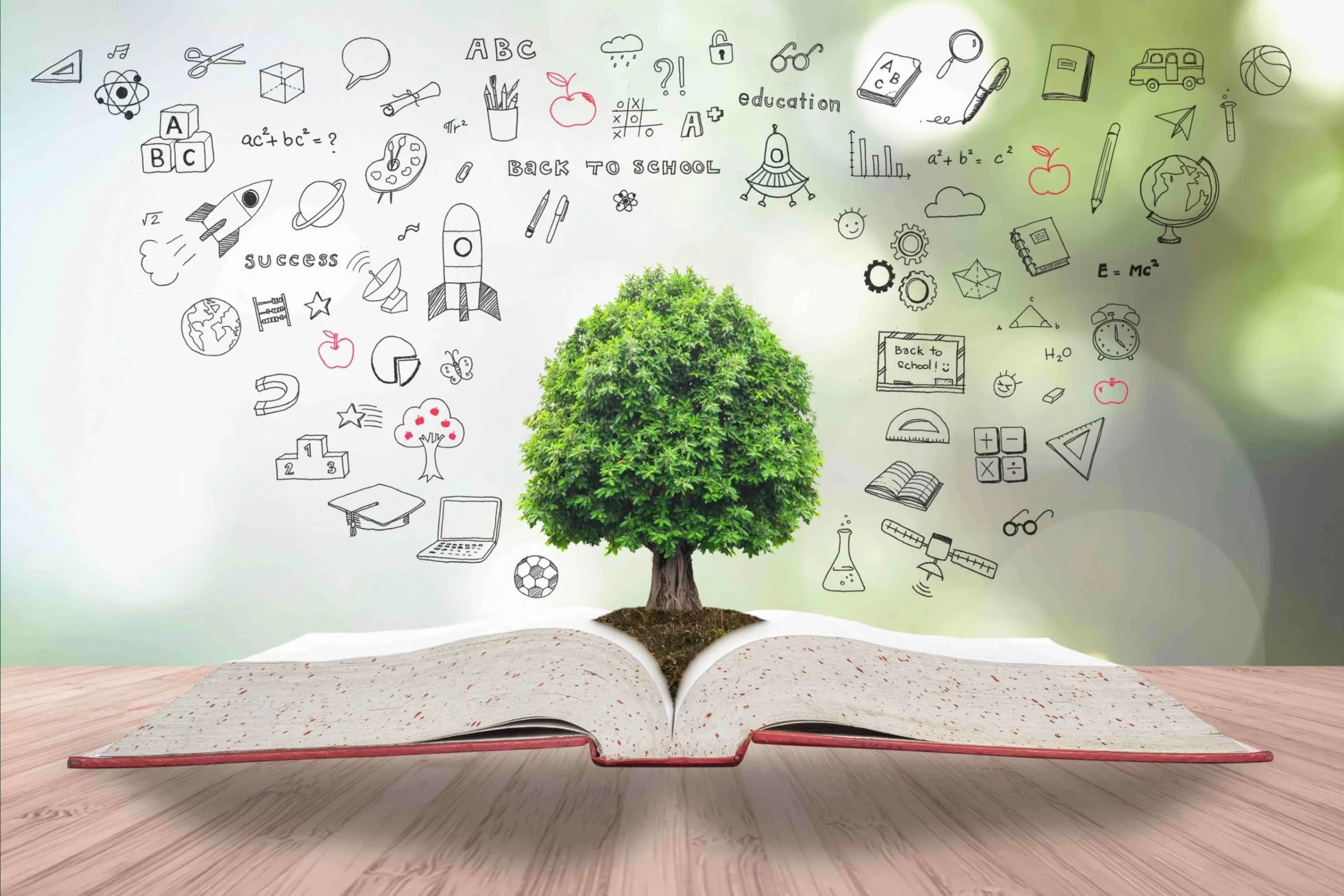 Open book with a green leafy tree growing out of it, surrounded by educational doodles including a rocket, globe, paint palette, apple, calculator, and books, with the text 'Back to School' and 'Success'.
