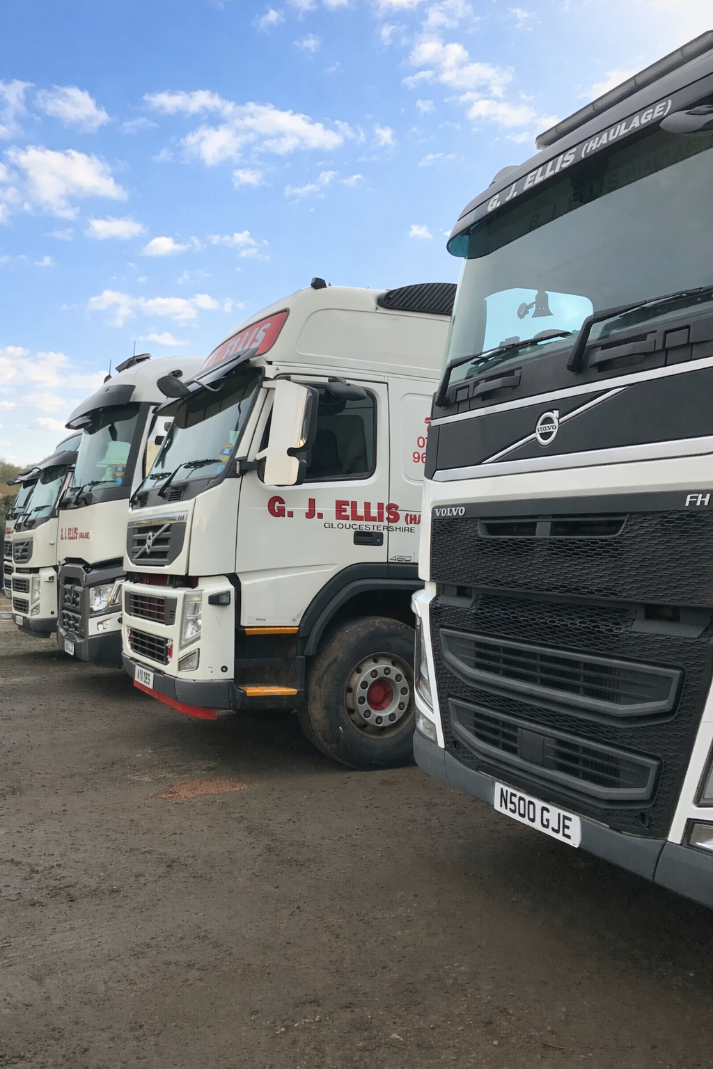 Lineup of several trucks parked on a dirt lot under a partly cloudy sky, including white and black trucks with company branding.