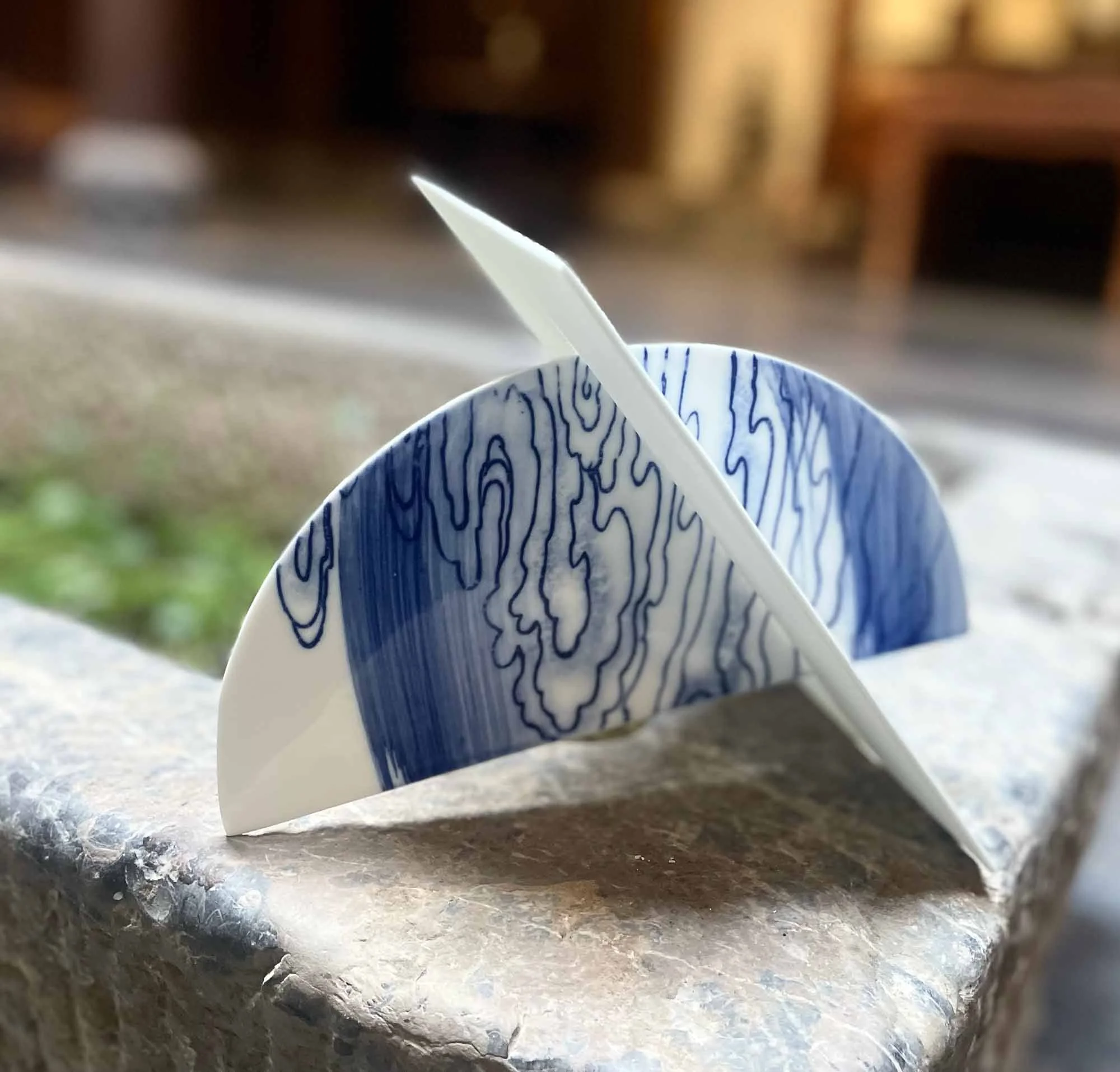 Blue and white porcelain sculpture inspired by Helen Johannessen