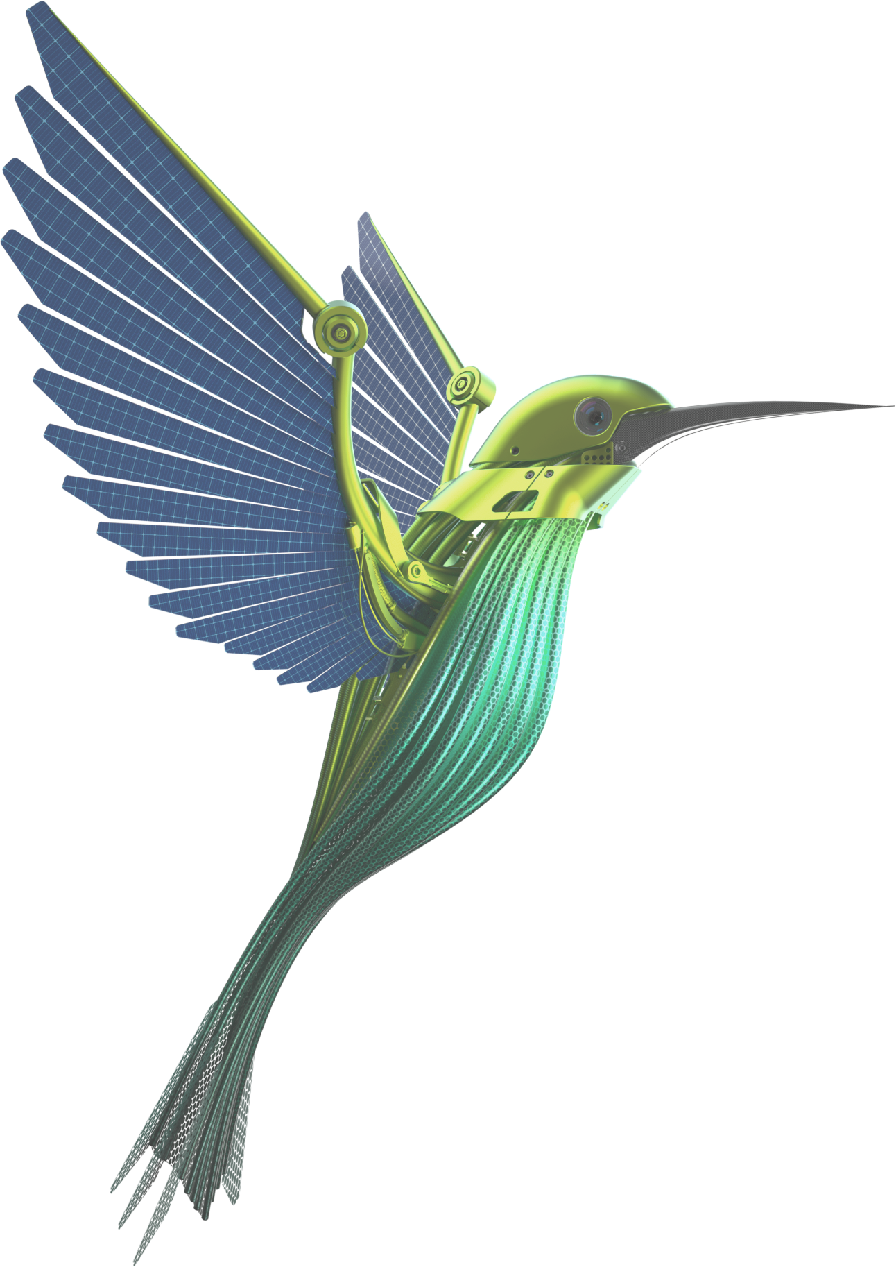Futuristic robotic hummingbird with solar panel wings hovering near a surface.