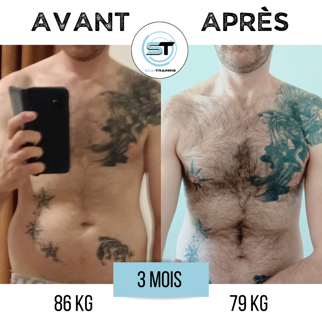 Comparaison des transformations corporelles d'un homme sur 3 mois, montrant une perte de poids de 86 kg à 79 kg, avec des photos avant et après, en mettant en évidence la réduction de la graisse corporelle et la transformation physique.