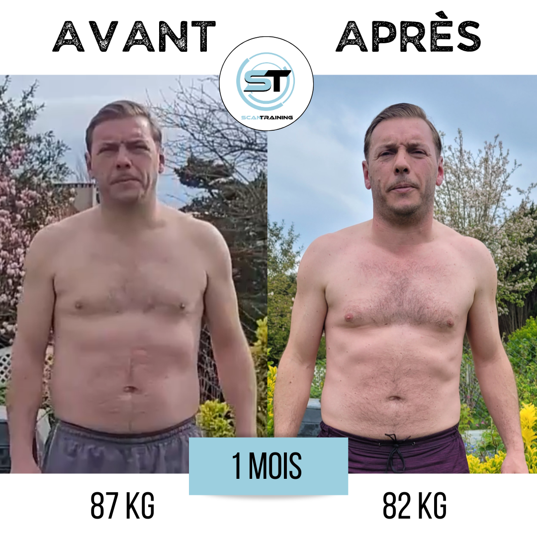 Photo comparative avant et après d'un homme montrant une perte de poids d'un mois, passant de 87 kg à 82 kg.