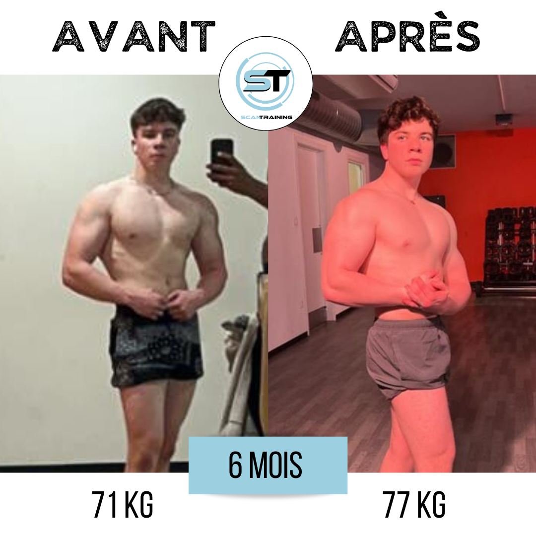 Avant et après transformation physique du jeune homme en 6 mois, passant de 71 kg à 77 kg, montrant une prise de muscle.