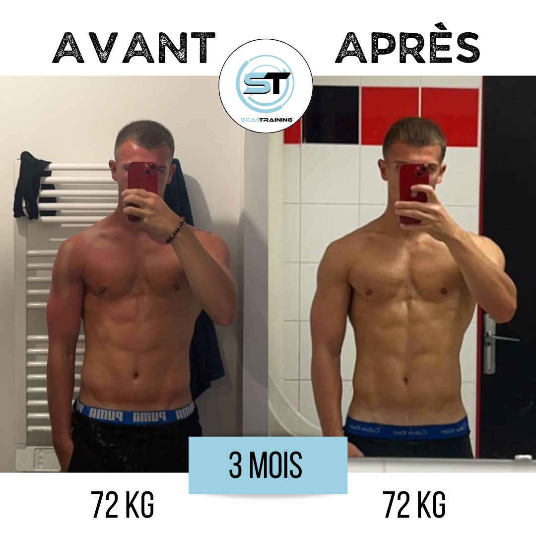 Avant et après de la transformation physique d'un homme musculaire, montrant une amélioration de la définition musculaire après 3 mois, avec le même poids de 72 kg.
