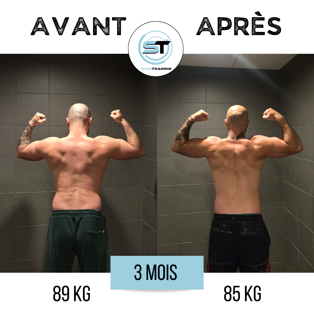 Photo comparative avant et après d'un homme en maillot de bain, montrant une perte de poids et de muscle en trois mois. La photo de gauche montre l'homme à 89 kg, la photo de droite à 85 kg, avec le texte '3 MOIS' au centre et le logo SCAN TRAINING au sommet.