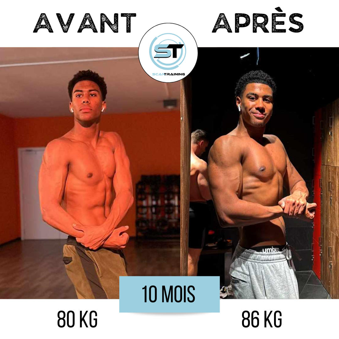 Comparison de transformation physique en 10 mois, avant et après, un jeune homme musculaire avec un poids passant de 80 kg à 86 kg.