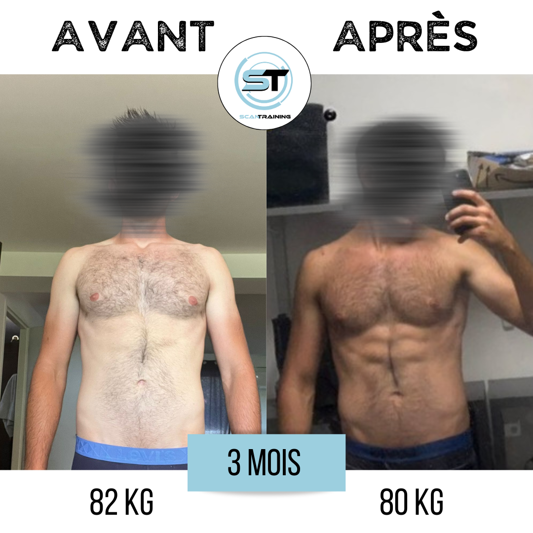 Photo comparative avant et après 3 mois d'entraînement. Sur le côté gauche, un homme avec 82 kg, sans muscles visibles. Sur le côté droit, le même homme, avec 80 kg, plus musclé et sculpté. Le texte indique la différence de poids et la durée de l'entraînement.