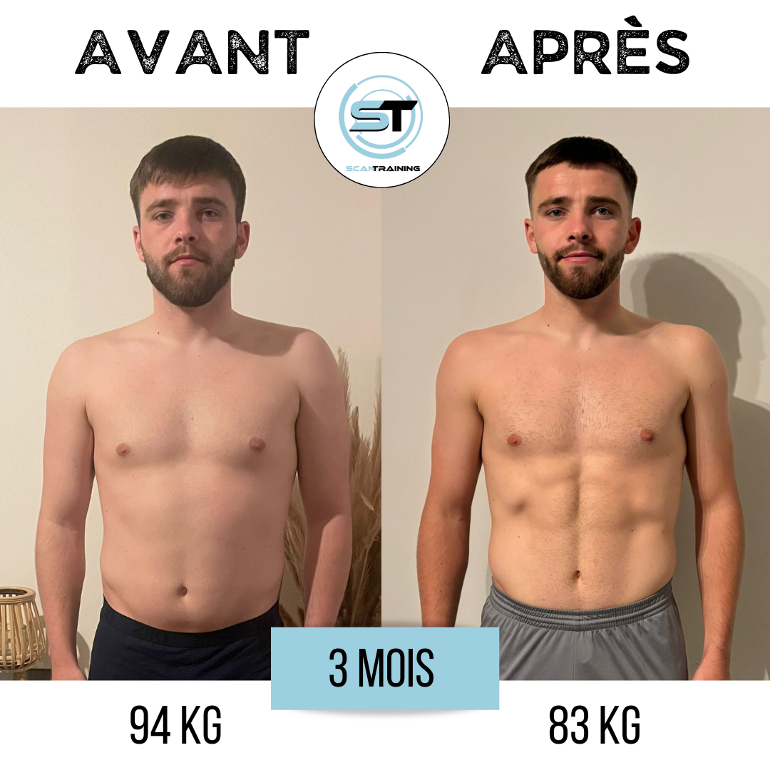Avant et après photo d'un homme de 3 mois de remise en forme, avec une perte de poids passant de 94 kg à 83 kg, montrant une silhouette plus musclée et définie.